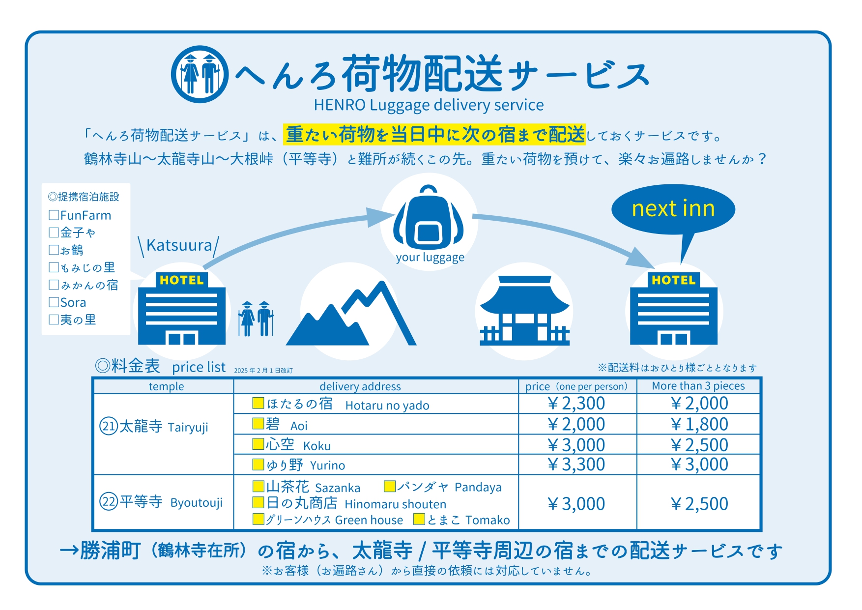勝浦町で利用できるお遍路さん向け荷物配送サービスの案内図（料金表付き）